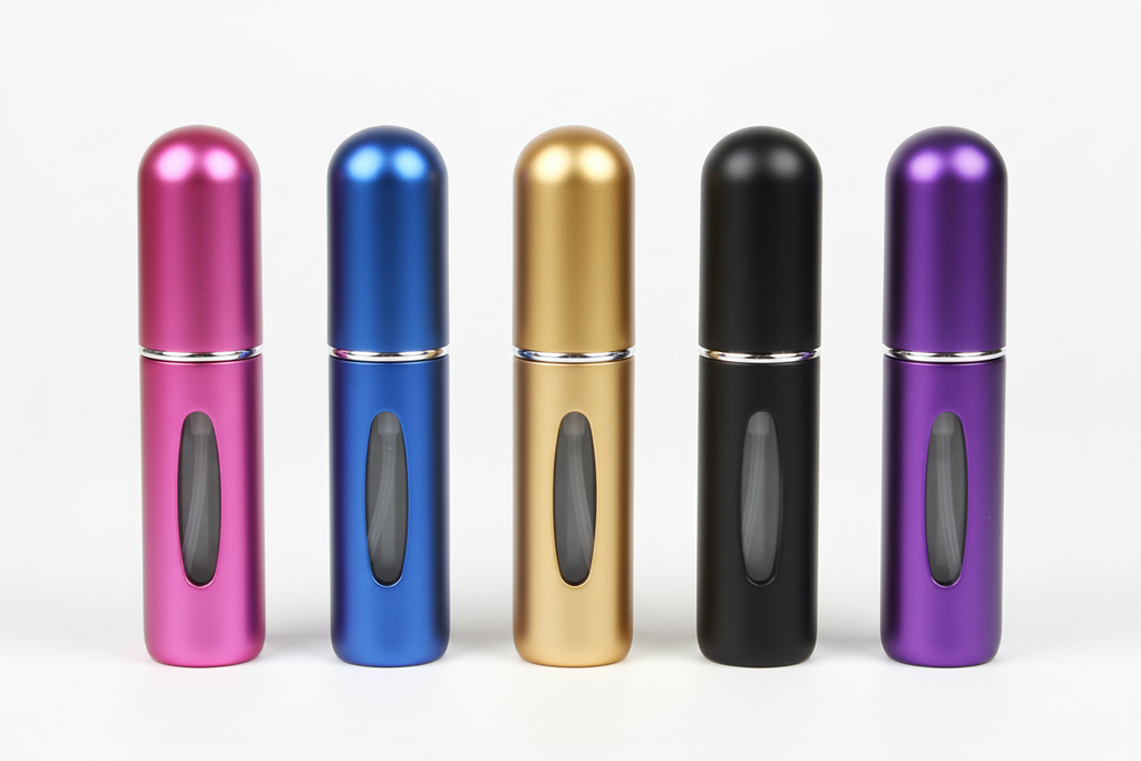 5ML atomizer spray bottles in multiple colors - pink, blue, gold, black, purple