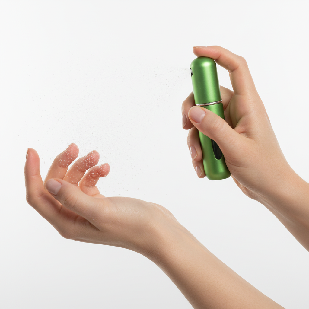 Atomizer spray bottle in use - demonstrating perfume application