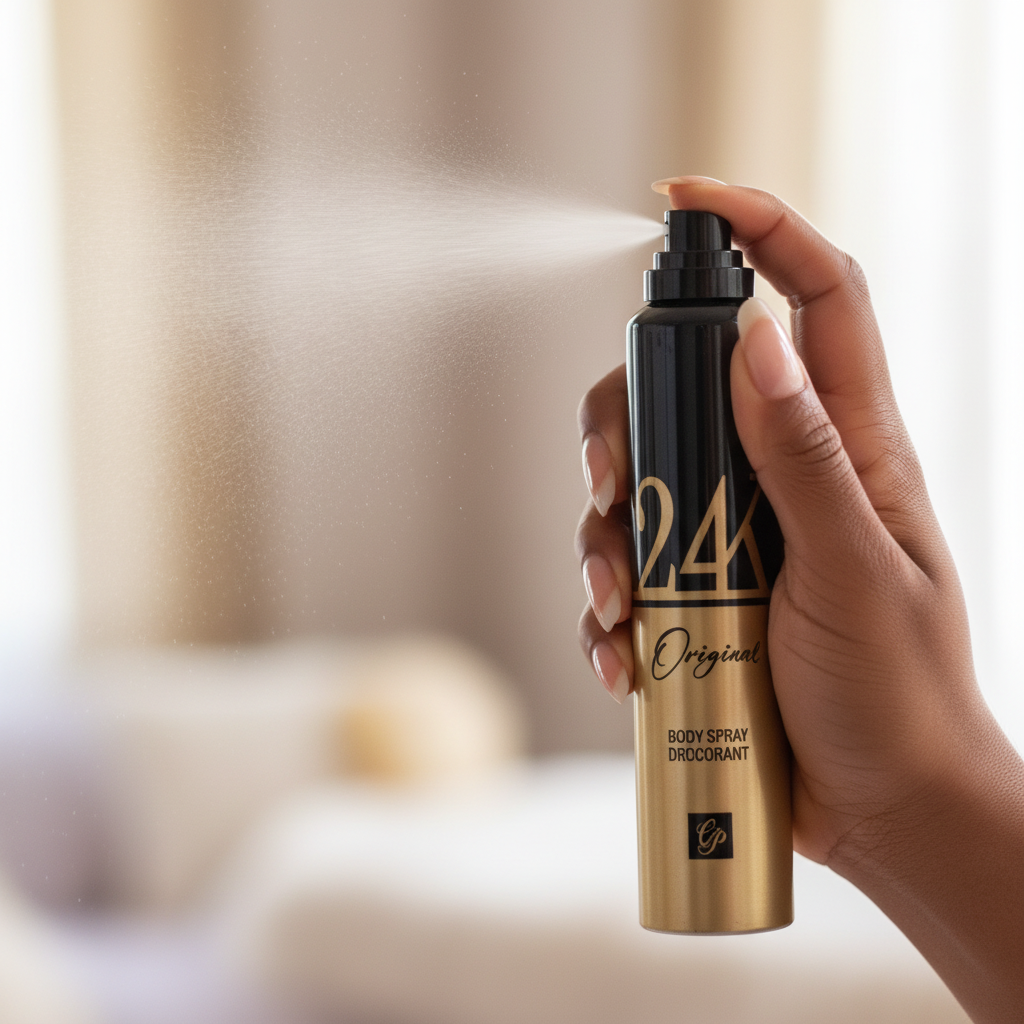 24K Perfume lifestyle shot demonstrating spray
